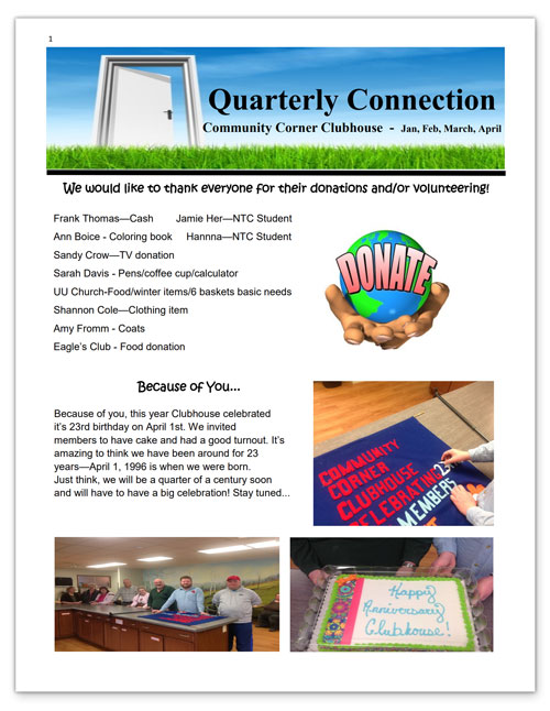 Community Corner Clubhouse January-April 2019 Newsletter
